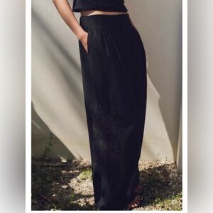 ZARA Black XS Multi-pleat Eyelet Embroidered Linen Blend Trousers Pants NWT
